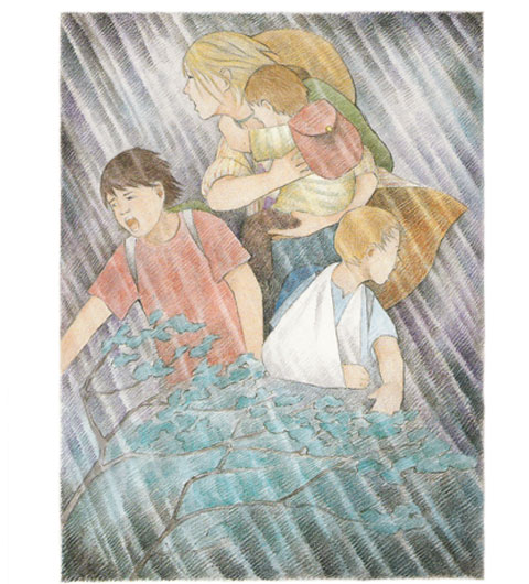 the family calls out for the missing puppy - illustration from Clouds on the Mountain