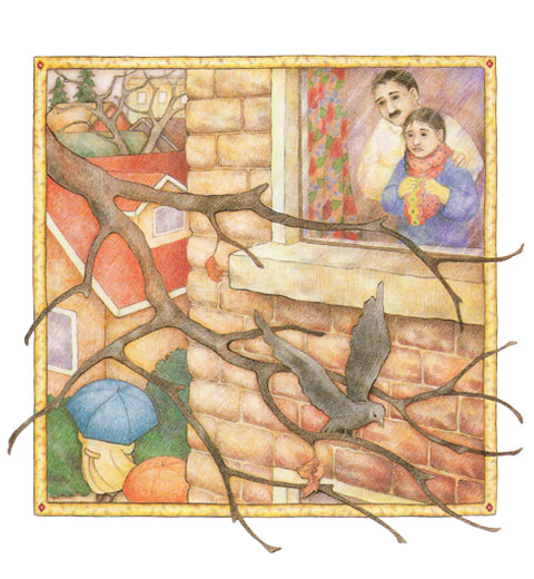 Gita and her father looking out the window - illustration from Lights for Gita